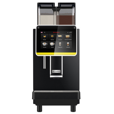 Dr. Coffee F2 Plus commercial super-automatic coffee machine with touchscreen display and dual hoppers